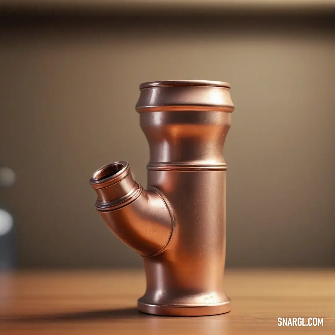 An elegantly styled copper-colored pipe placed on a wooden table, with a softly blurred background, immersing it in a rich ambiance defined by the subtle color #292D2F.