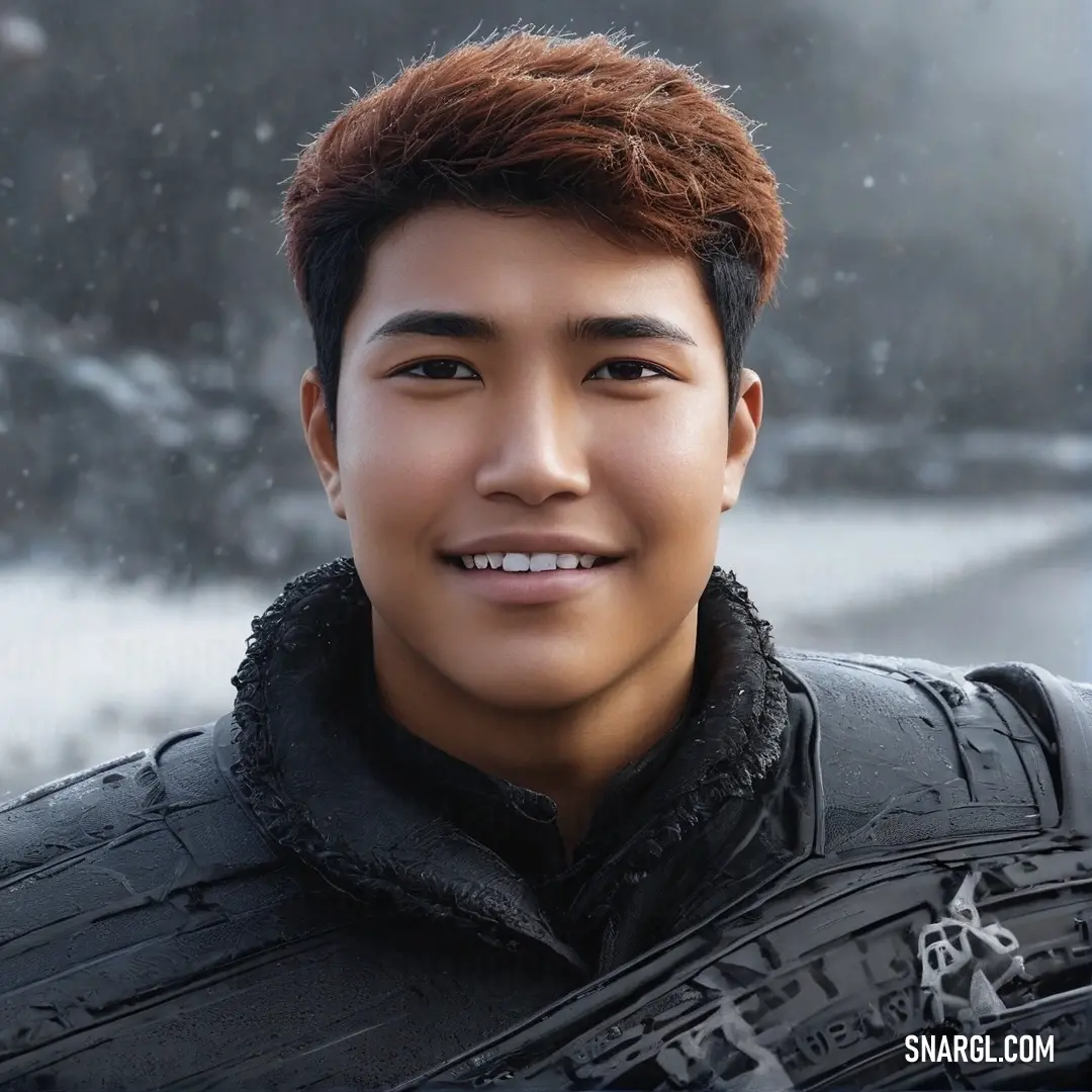 A man wearing a black jacket showcases his bright smile against a picturesque snowy background. The striking contrast of the vibrant white snow and his cheerful demeanor creates a heartwarming winter scene full of joy.