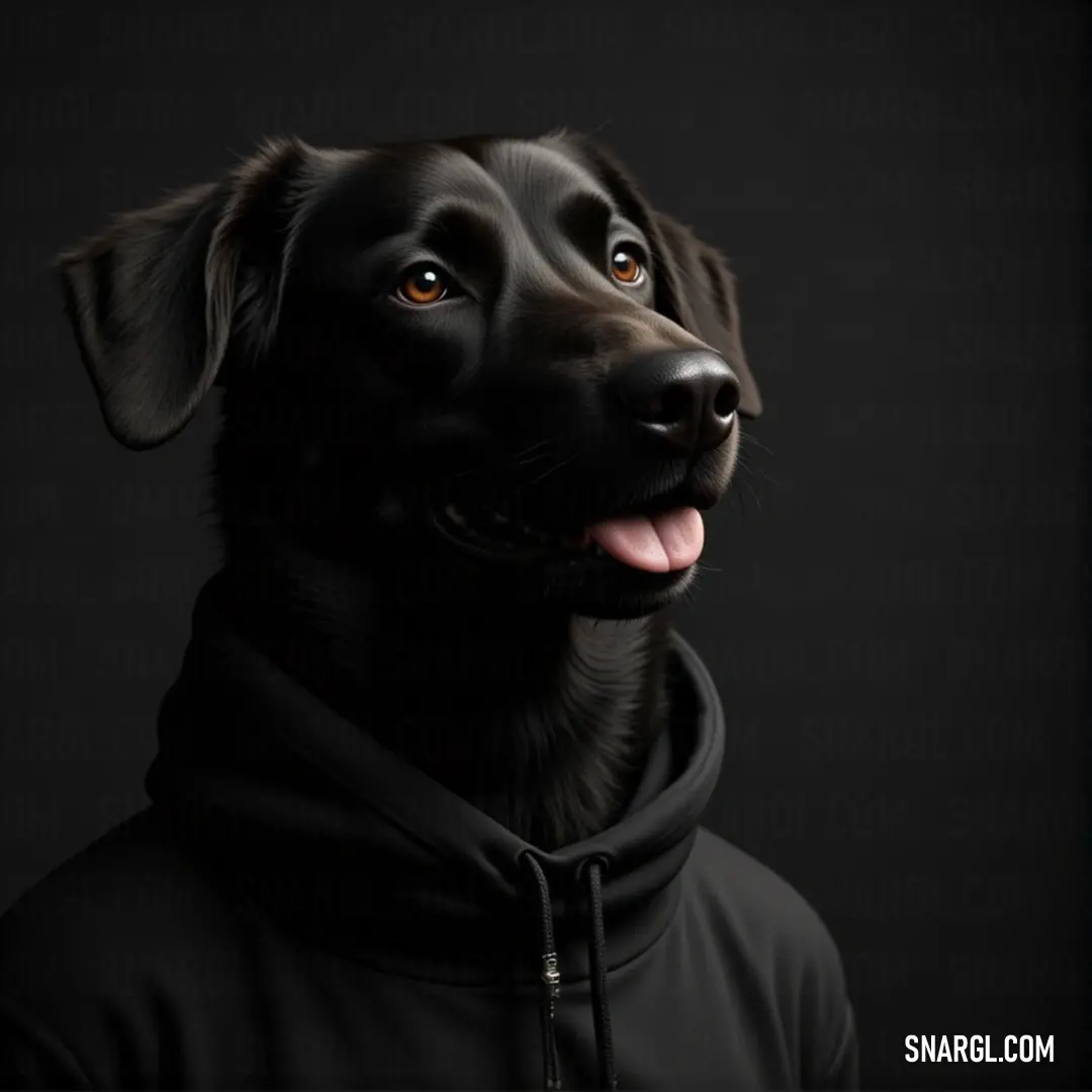 A playful black dog with a shiny hoodie sports an excited expression with its tongue hanging out wide and eyes full of life. The colors of RGB 41,45,47 invoke a sense of joy and liveliness, capturing the essence of carefree moments.