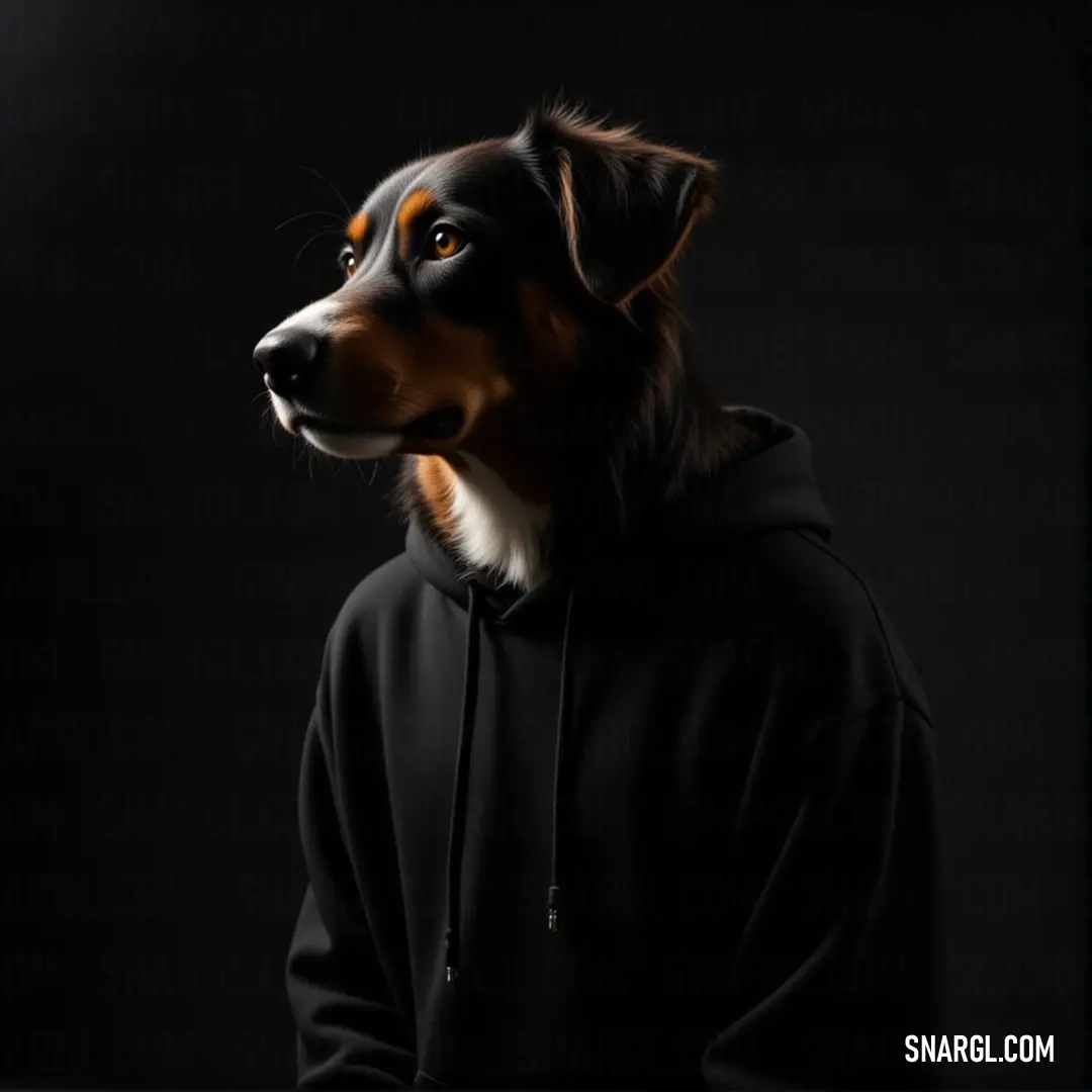 A charming dog dons a stylish black hoodie accented with a distinctive white patch, offering a playful pose that sparkles with personality. The color exemplifies NCS S 7502-B, capturing the essence of a delightful companion ready for any adventure.