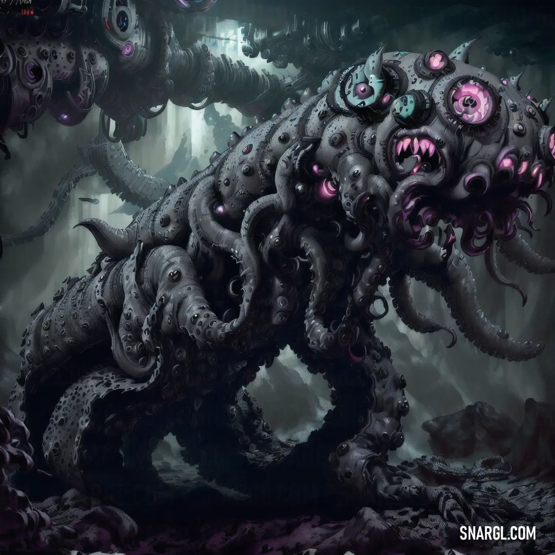 NCS S 7502-B color. Giant octopus with pink eyes and a huge tentacles on its back, in a dark, foggy