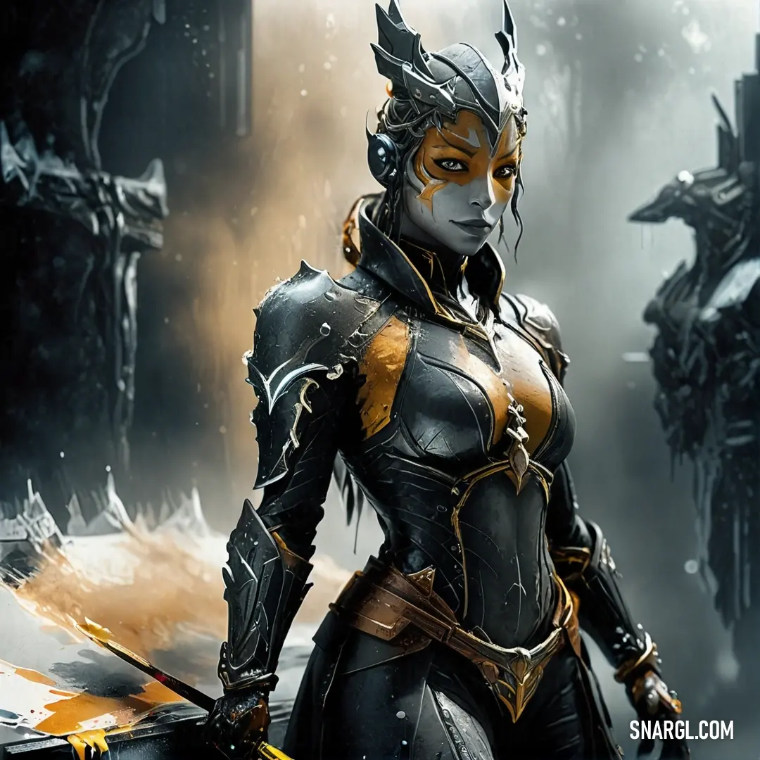 A fierce woman in a futuristic suit grips a sword tightly in an enigmatic dark room, where shadows dart and a demon-like creature lurks ominously in the background, creating an electrifying sense of tension and adventure.