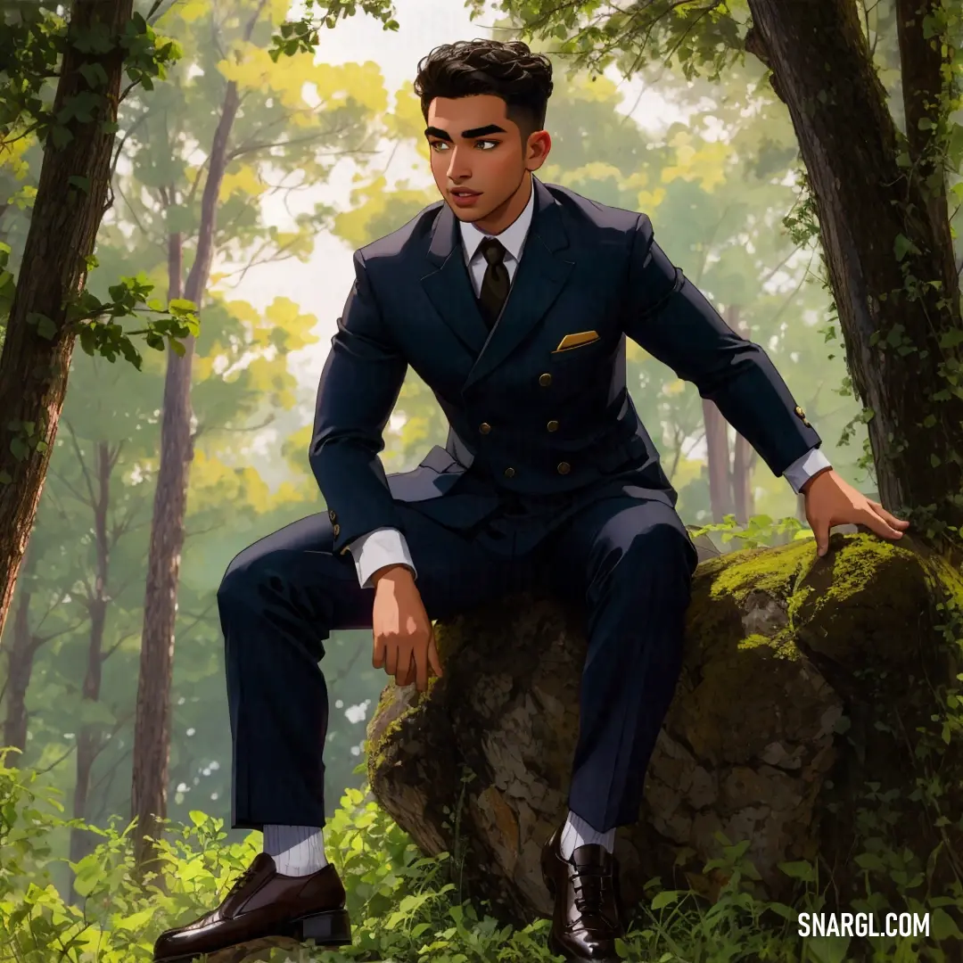 Painting of a man in a suit on a rock in the woods with trees and grass around him. Color CMYK 12,0,0,90.