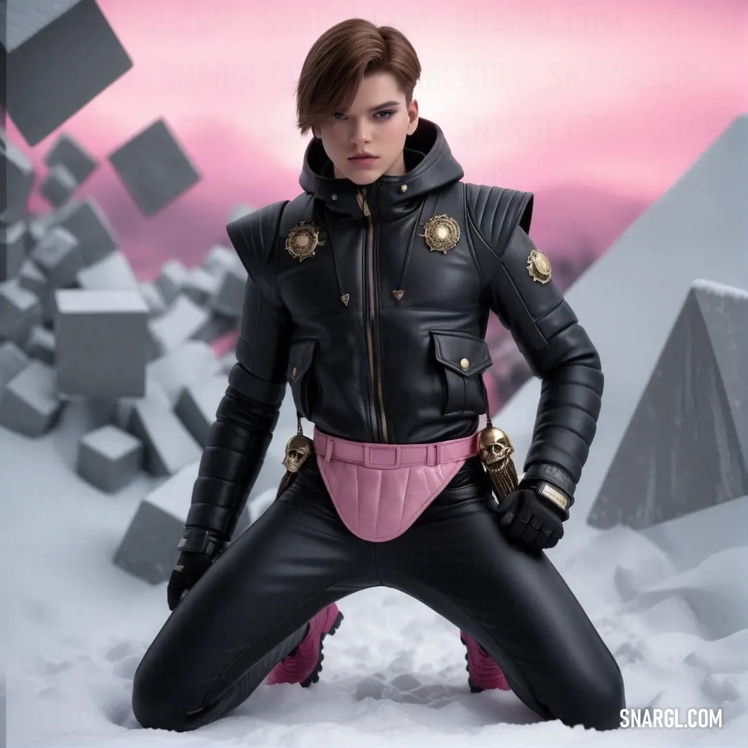 A confident woman in a striking black leather outfit poses elegantly against a backdrop of pristine snow and soft pink hues. The scene is a playful fusion of strength and beauty, inviting the viewer into her captivating world.