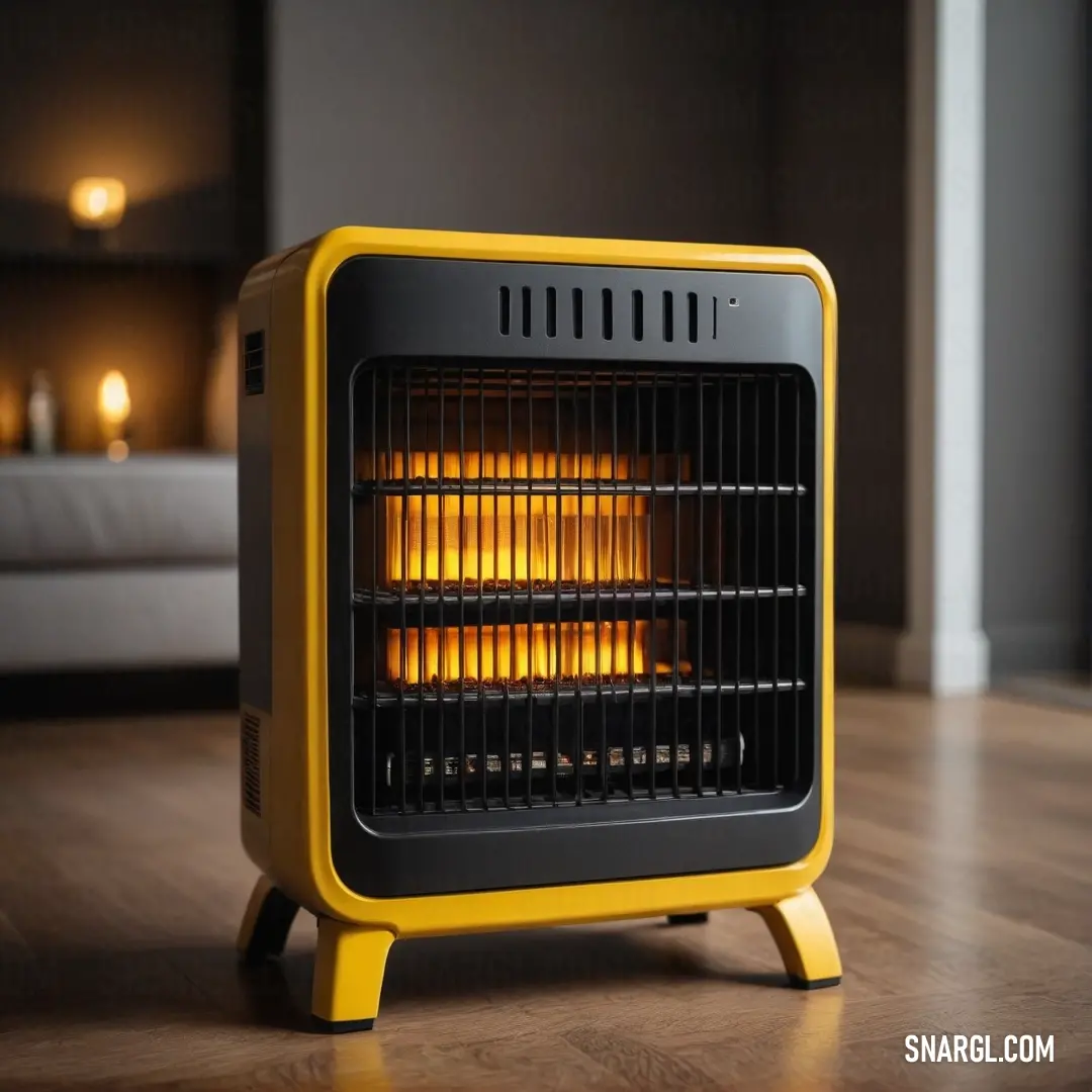 A stylish yellow and black heater positioned on a wooden floor provides warmth next to a cozy couch adorned with candles, infusing the area with a charming glow.