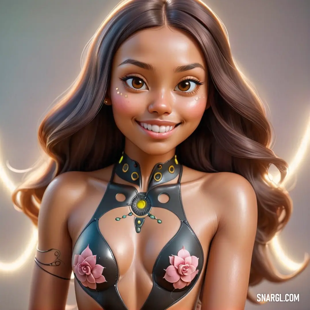 Cartoon girl with a bra and a rose on her chest and a tattoo on her chest and chest. Color CMYK 10,0,8,90.