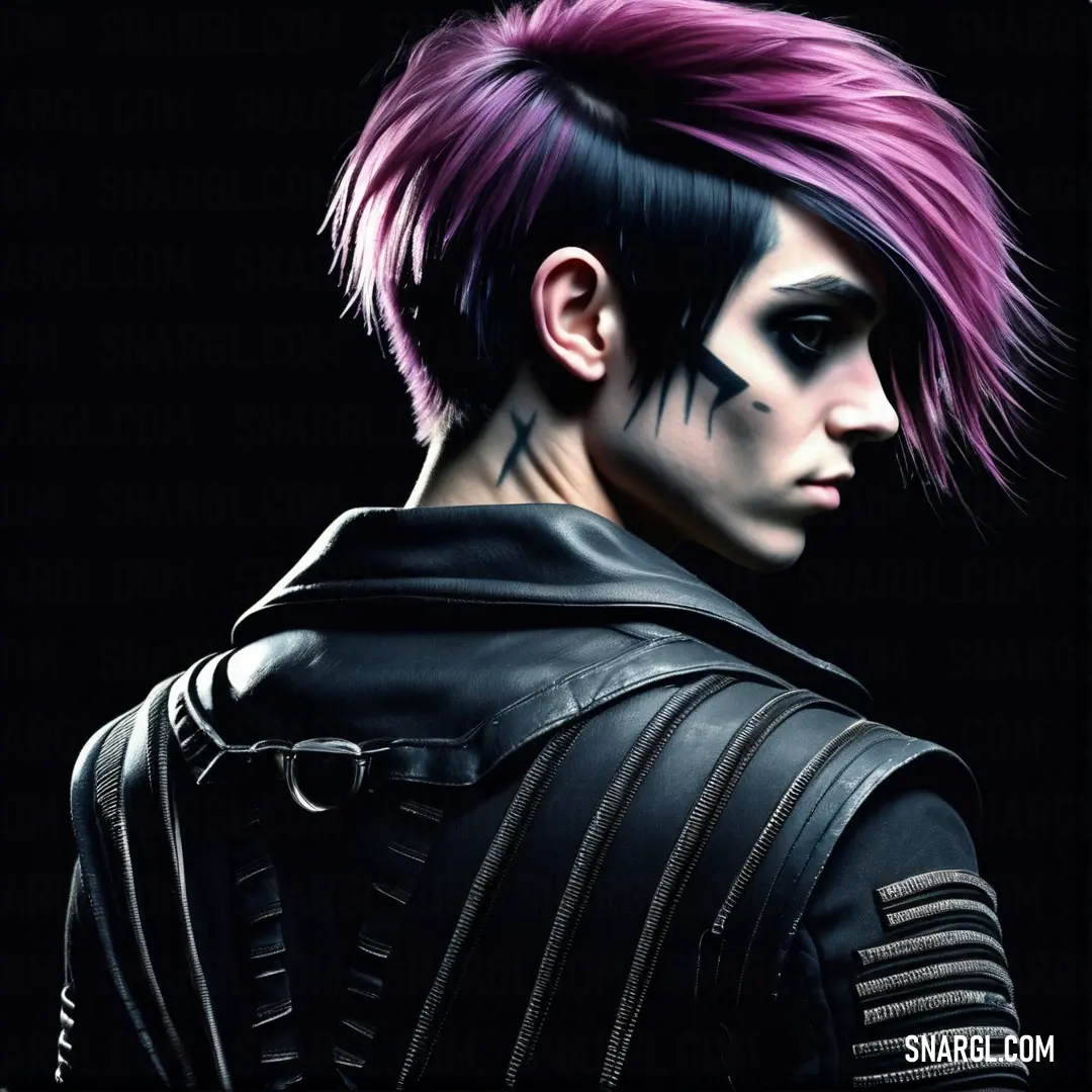 Man with pink hair and piercings on his face and shoulder. Example of CMYK 10,0,8,90 color.