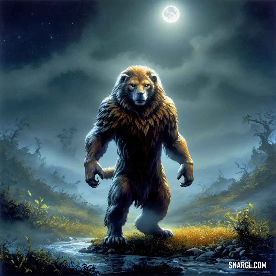 Big furry bear standing in a field at night with a full moon in the background. Color #2F2C2A.