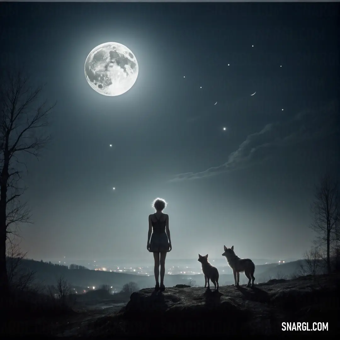 Woman standing on a hill with two dogs watching the moon in the sky above her. Color CMYK 0,9,10,90.