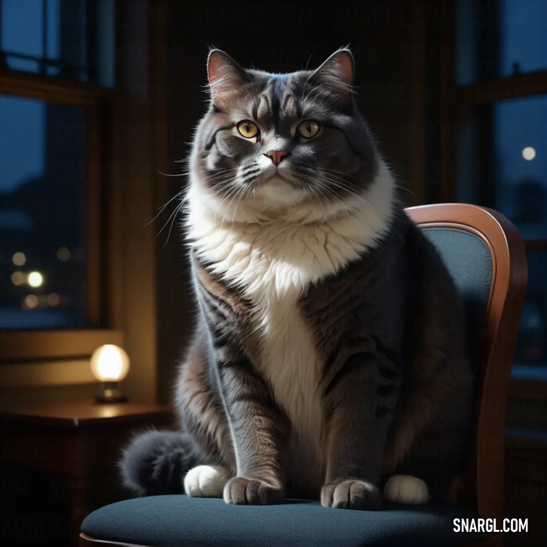 Cat on a chair in a room with a window and a lamp on the side of the chair. Color CMYK 0,0,12,88.