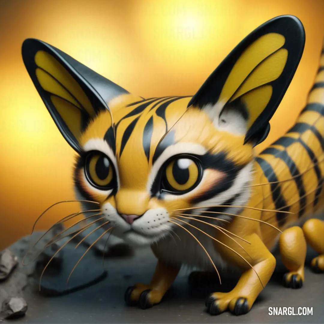 NCS S 7502-Y color. Small toy of a tiger cat with yellow eyes and black stripes on its body and tail