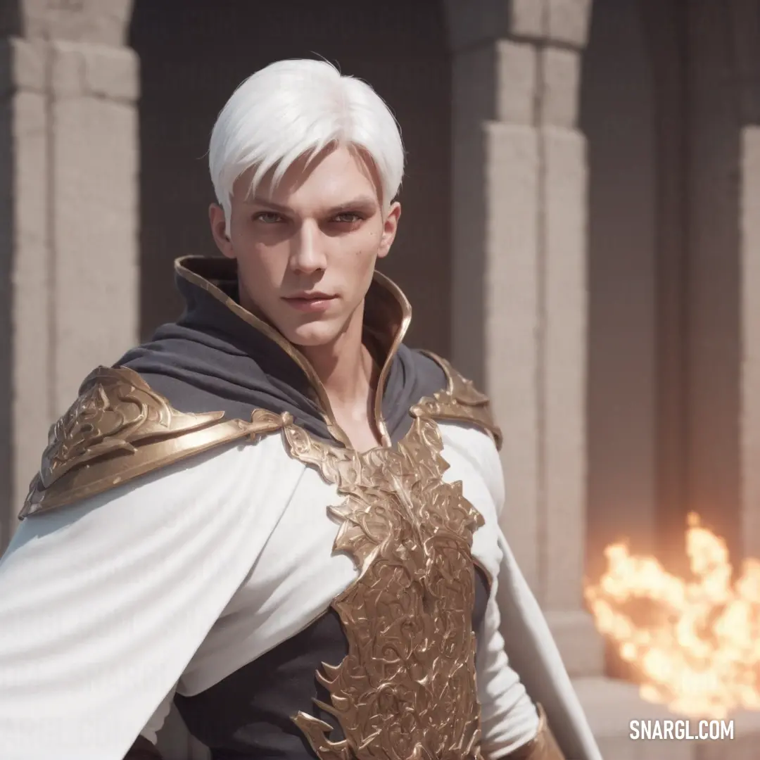 NCS S 8000-N color example: Man in a white and gold outfit standing in front of a building with flames in the background