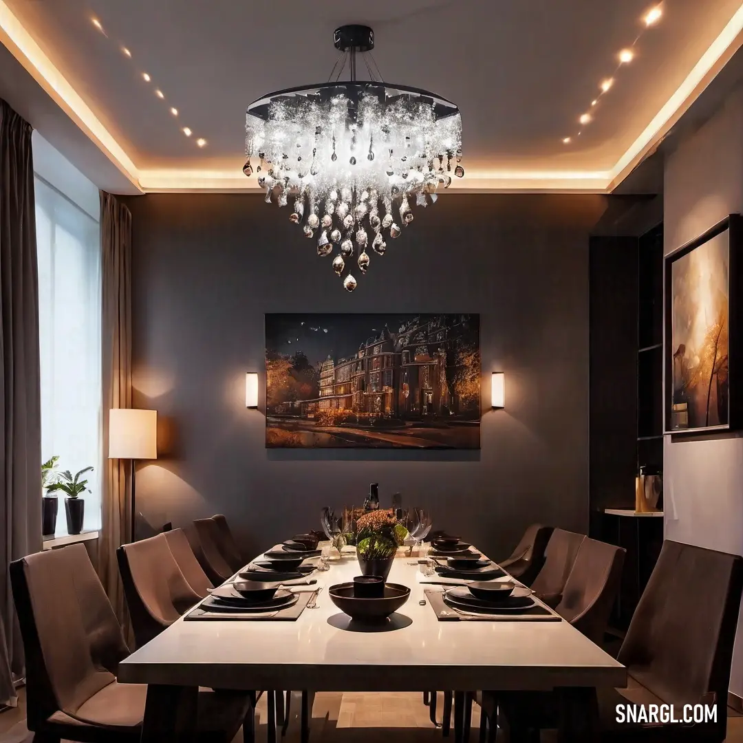 Dining room with a table and chairs and a chandelier hanging from the ceiling above it and a painting on the wall