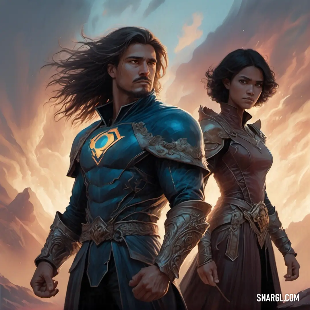 Man and a woman standing next to each other in front of a sky with clouds and clouds behind them. Example of RGB 42,31,36 color.