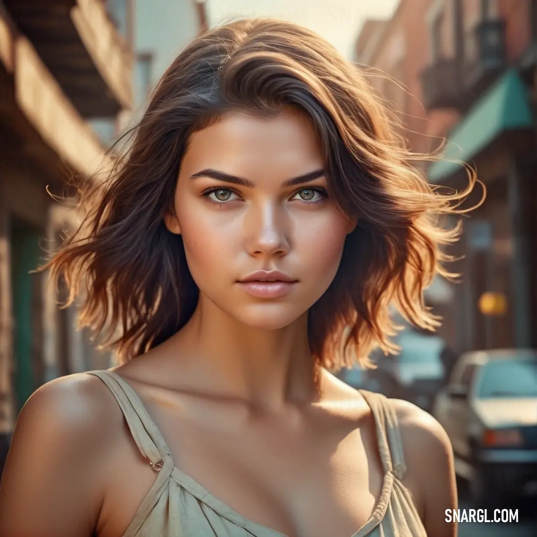 Woman with a shoulder length dress on a city street with cars in the background. Color #2A1F24.