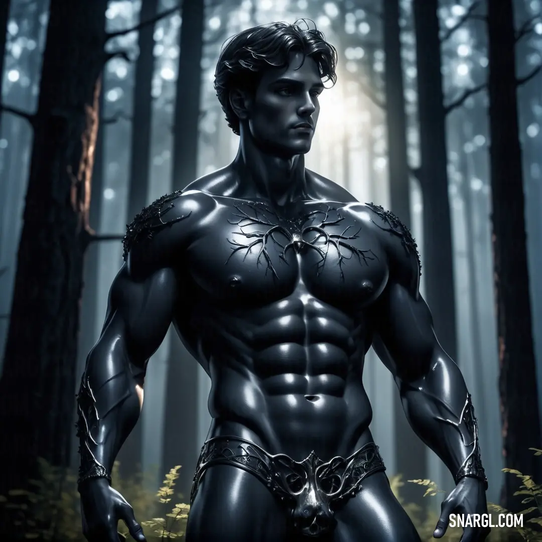 Man in a black body suit standing in the woods with chains around his waist and chest. Example of NCS S 8005-R80B color.