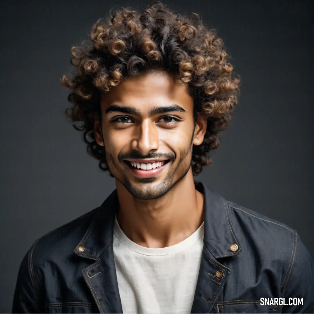 Man with curly hair and a beard smiling at the camera with a smile on his face and a black background. Color CMYK 35,10,0,92.