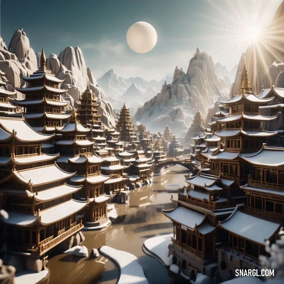 Computer generated image of a snow covered mountain town with a sun flare in the sky above it. Example of CMYK 0,20,40,90 color.