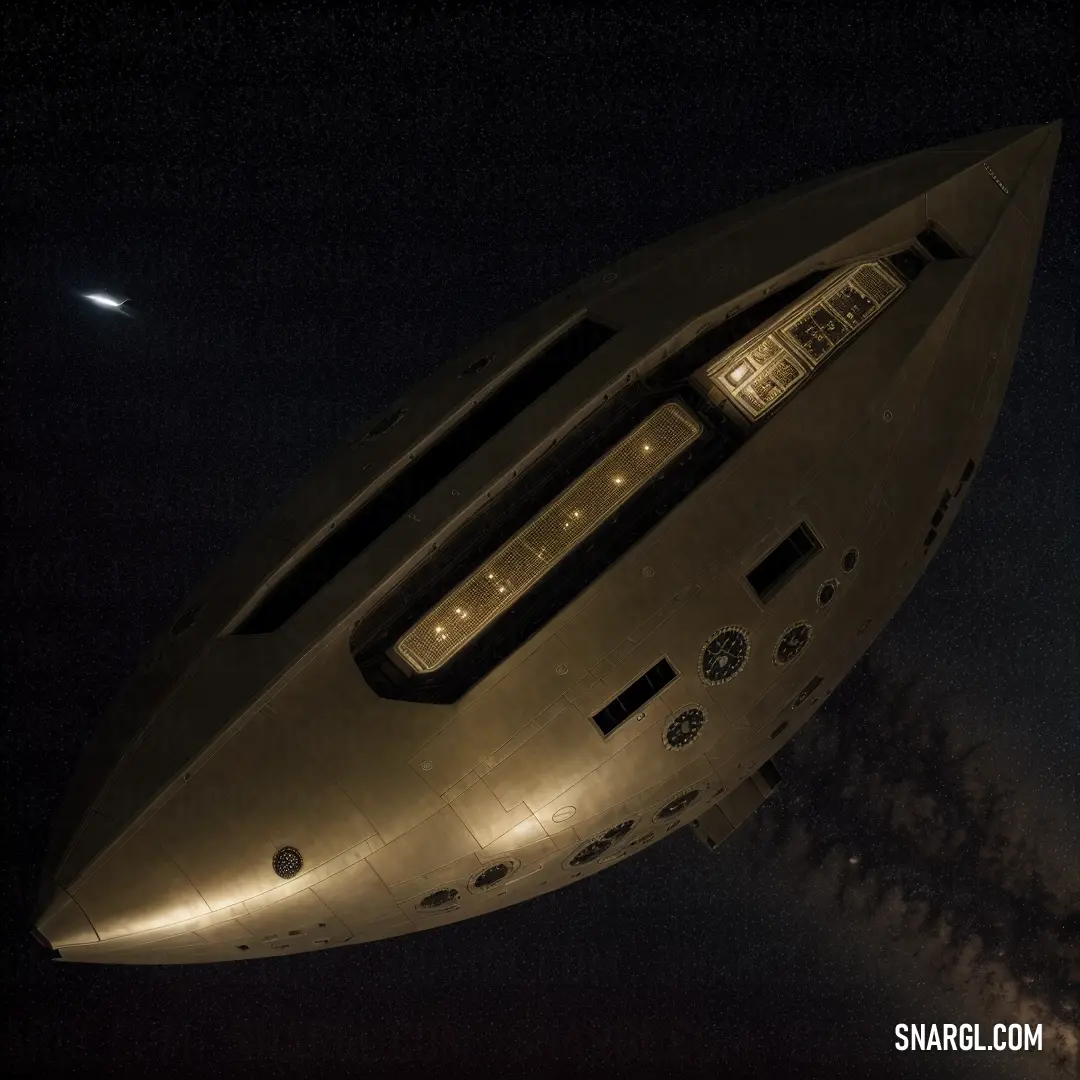 Large space ship floating in the air at night time with a moon in the background. Color RGB 48,40,29.