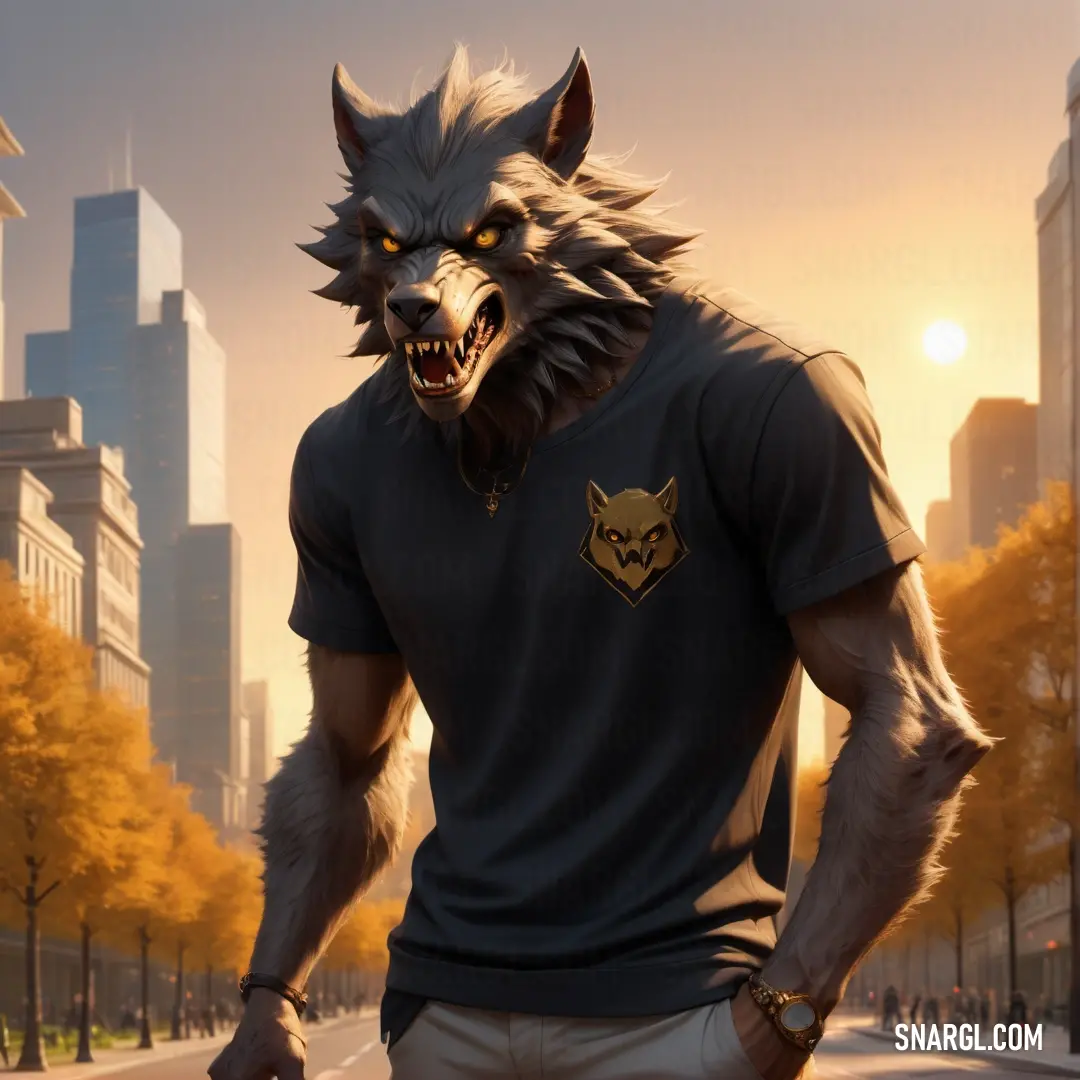 Man in a wolf mask and a t - shirt is walking down a street in front of a city. Example of NCS S 8005-Y80R color.