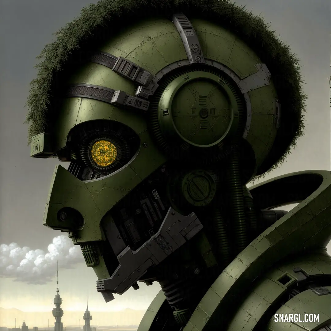 Green robot with a yellow eye and a clock on it's face and a city in the background. Color NCS S 8010-B90G.