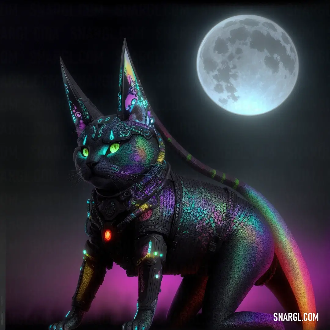 Cat with glowing eyes in front of a full moon with a full moon behind it. Example of RGB 12,37,23 color.