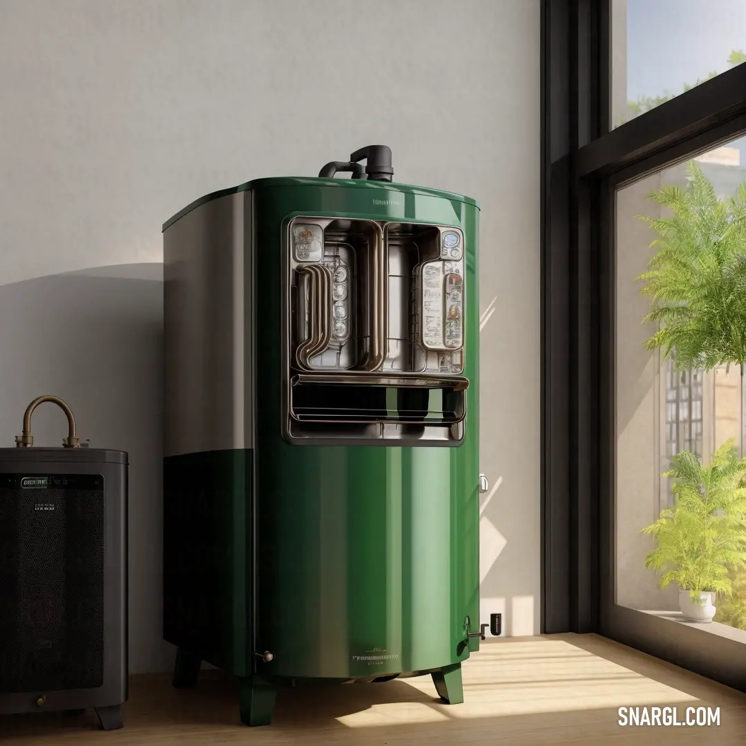 NCS S 8010-B90G color example: Green and silver machine in a room next to a window and a plant in a potted planter