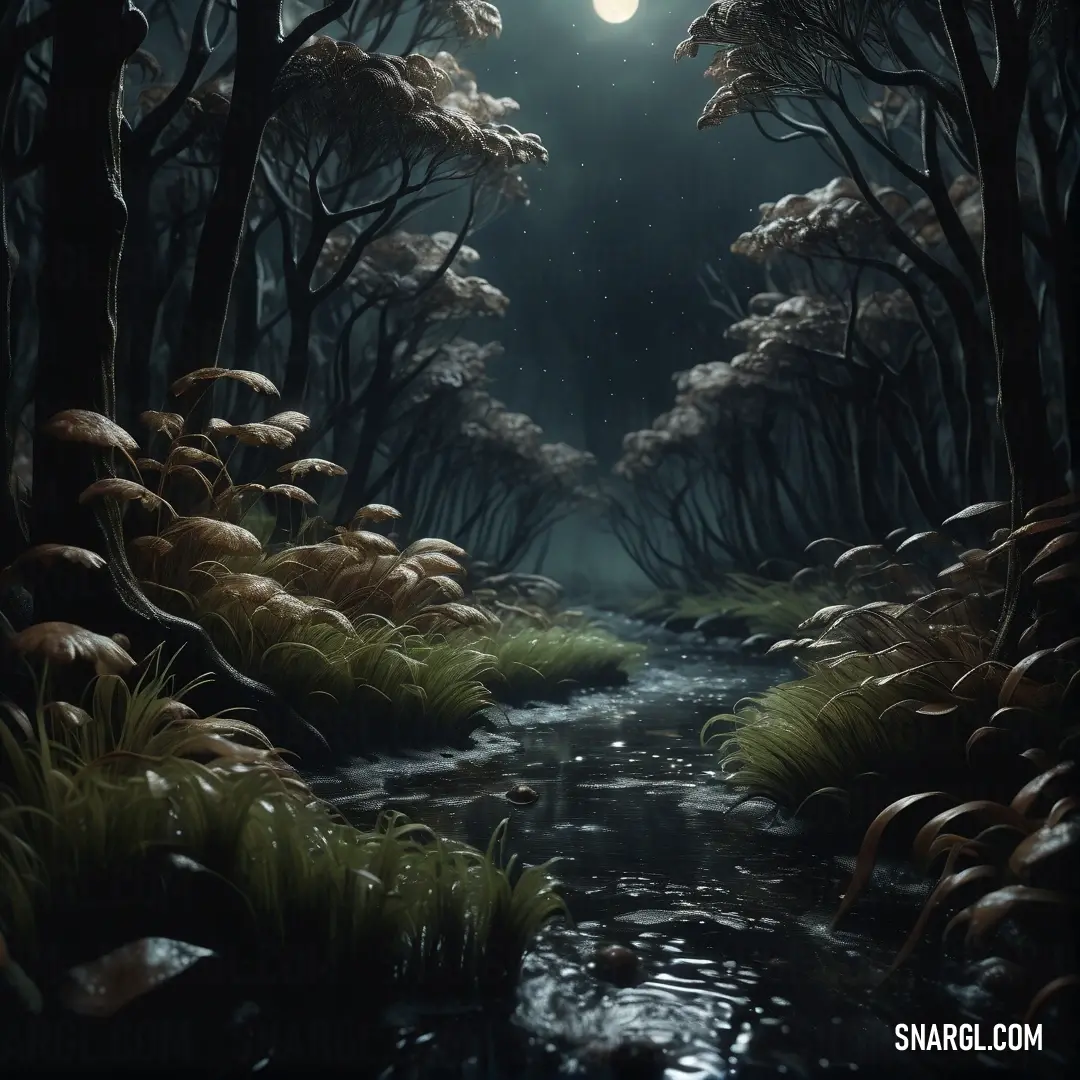 Painting of a stream in a forest at night with a full moon in the sky above it and grass in the foreground. Example of #0C2517 color.