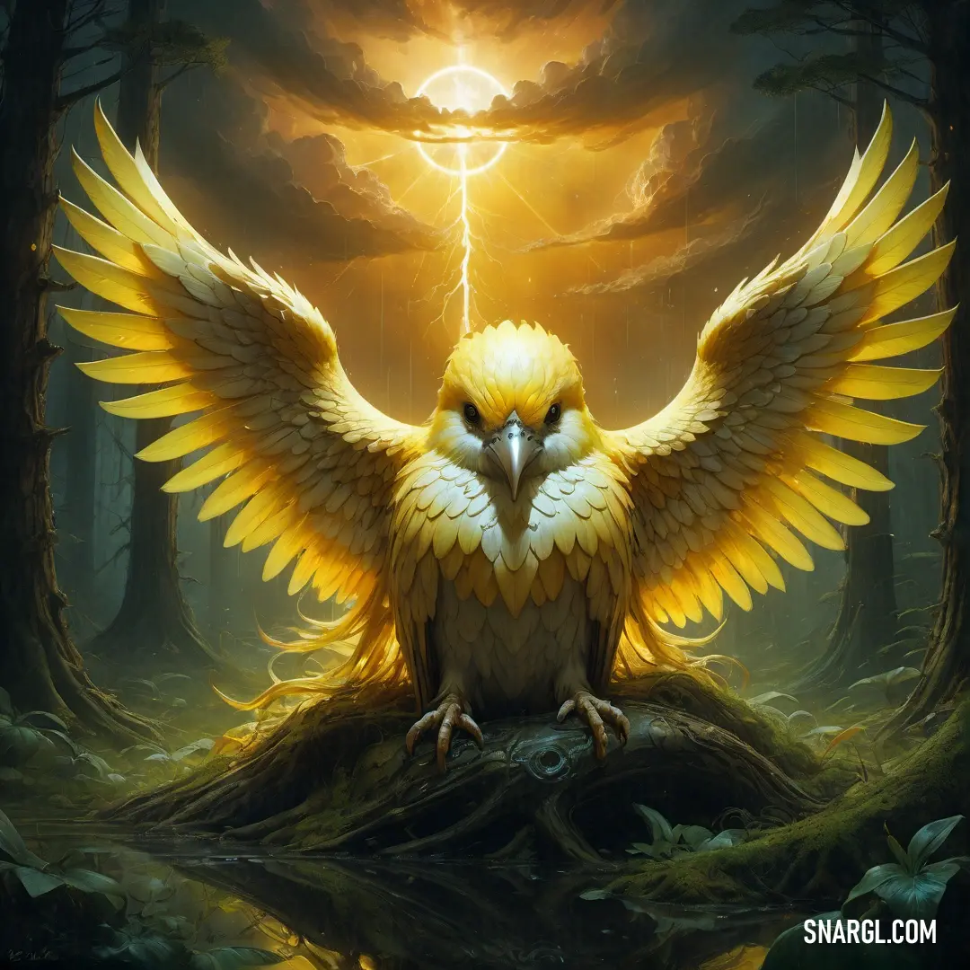 Yellow bird with a cross on its head on a tree stump in a forest with a bright light shining through the clouds