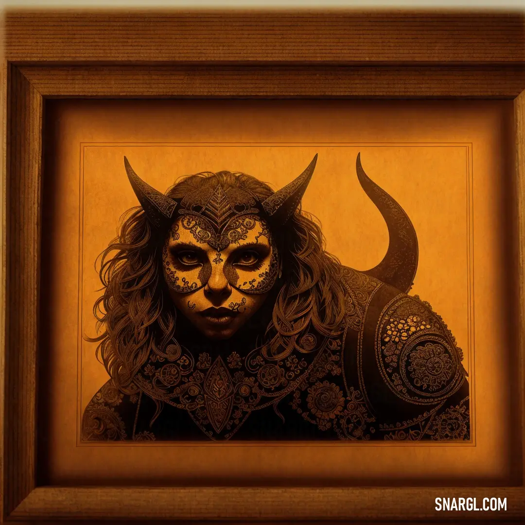 Painting of a woman with horns and a mask on her face is framed in a wooden frame with a gold background. Example of CMYK 0,90,20,100 color.