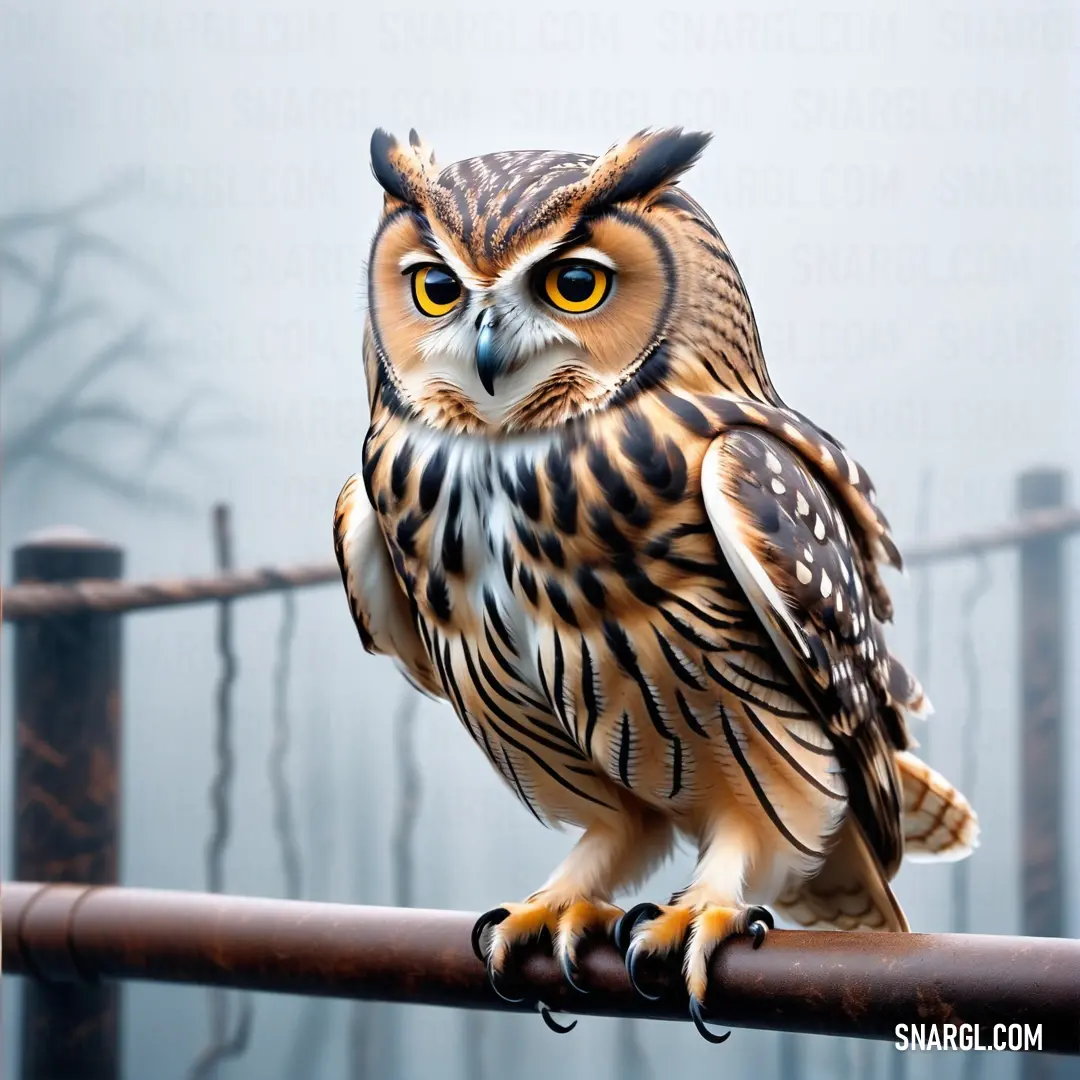 Small owl on a metal bar in a foggy area with trees in the background. Example of NCS S 8010-R30B color.
