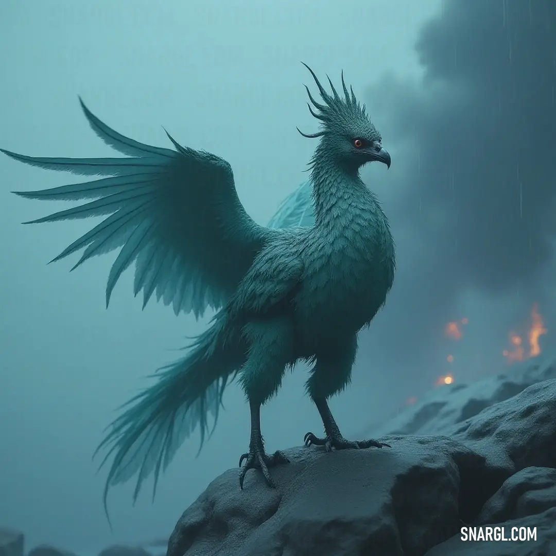 A vibrant bird with an impressively long tail stands on a rugged rock, its wings spread wide as droplets of rain shimmer like jewels. With eyes bright and alert, this creature exemplifies the lively spirit, illuminated by the lush greens and blues of its 