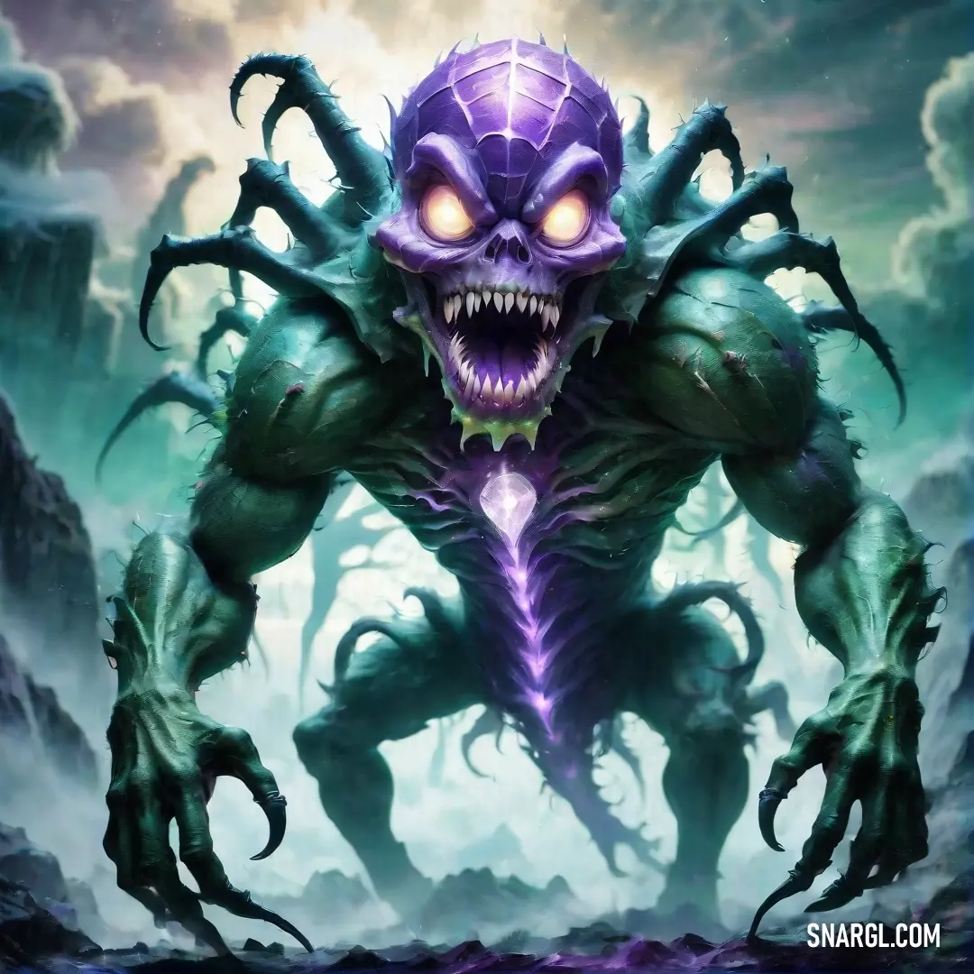 A demonic creature stands boldly with its large, captivating purple eyes and exaggerated green arms, creating an intensely imaginative scene that sparks the viewer's curiosity.