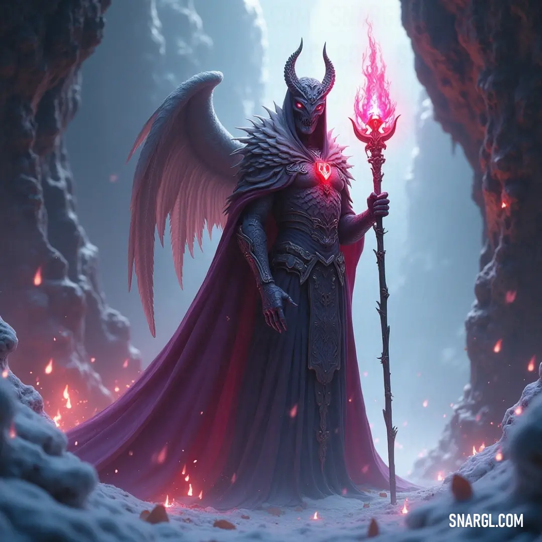 A terrifying demon brandishing a twisted staff stands in an eerie, snowy cave, illuminated by a menacing red glow that casts an ominous shadow on the icy surroundings.