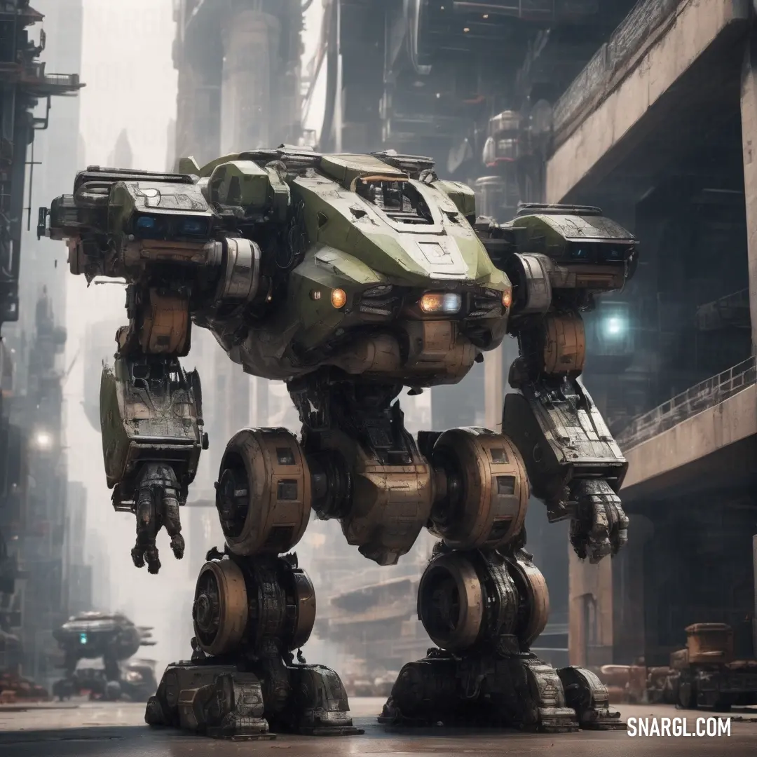 Large robot with wheels and a large body of machinery in a city setting with buildings and cars in the background
