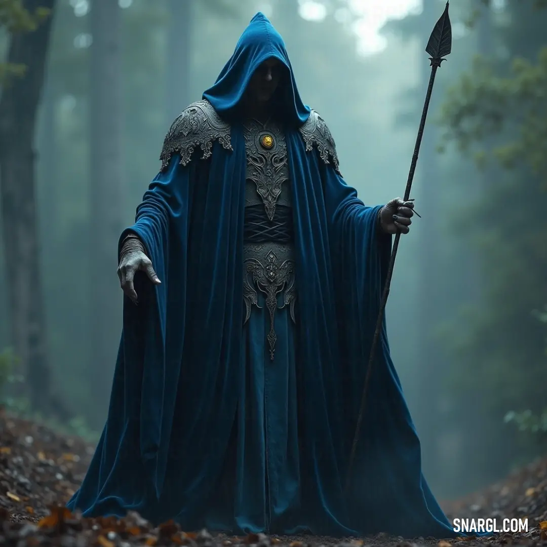 A mystical figure cloaked in deep blue stands prominently in a enchanting forest. He holds a majestic staff, surrounded by vibrant foliage blanketing the ground. The serene atmosphere is complemented by towering trees, making it an awe-inspiring scene rem