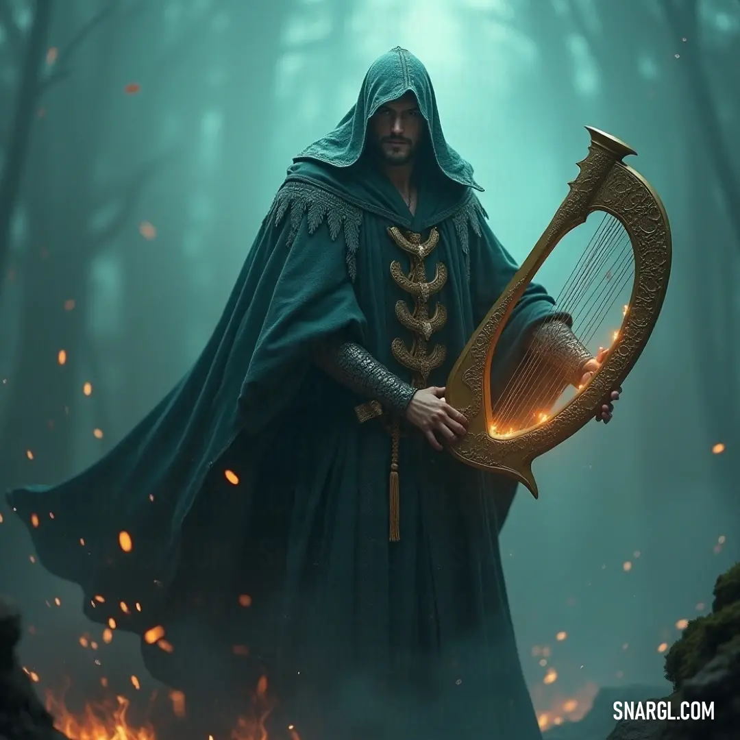 A man draped in a green cloak holds a golden harp, standing amidst a forest filled with smoke and fire behind him. His serene expression provides a contrast to the chaotic scenery, evoking themes of harmony within turmoil.