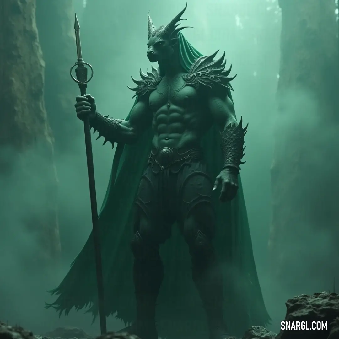 A lone figure clad in vibrant green attire, confidently wielding a spear while surrounded by an enchanting forest shrouded in mist, creating an atmosphere of mystery and adventure.