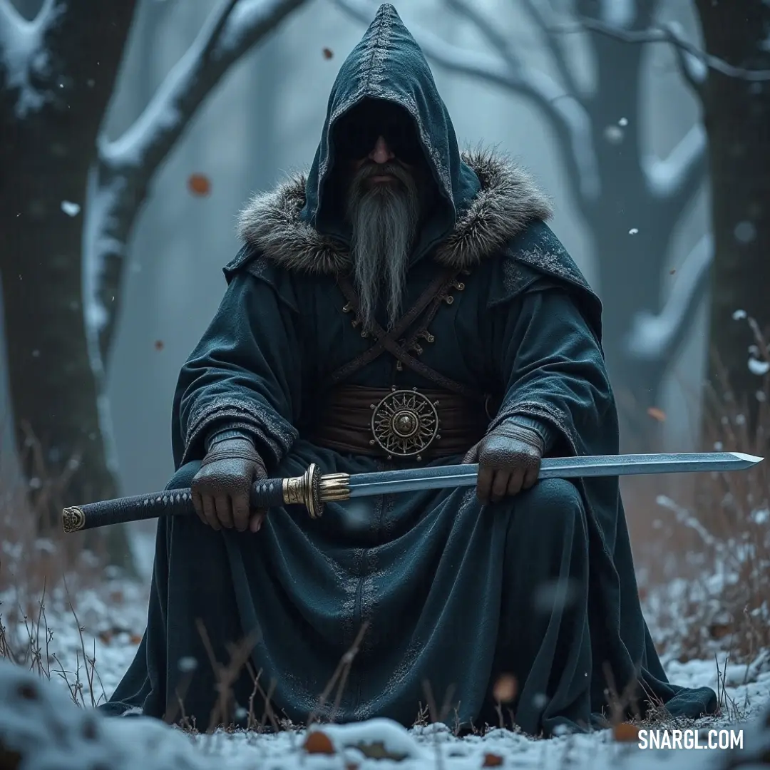 A man clad in a hooded outfit grips a sword firmly, standing amid a snowy forest where snow-laden trees surround him. His posture reveals readiness for action, as he embodies the spirit of adventure in a wintry wonderland.