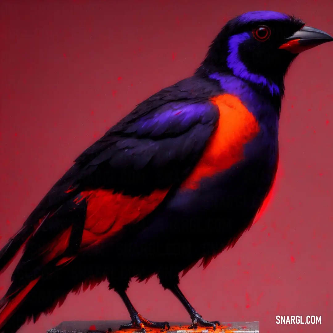 A vibrant, colorful bird perches atop a sleek metallic surface, set against a striking red backdrop. The vivid colors and sharp contrasts bring the scene to life, showcasing nature's beauty against industrial elements.