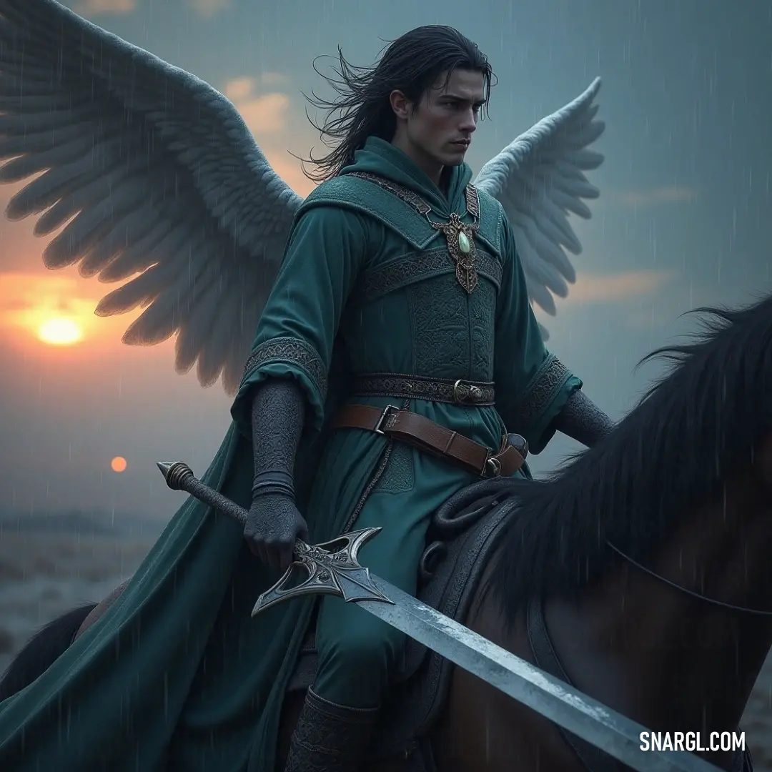 An ethereal man in green, astride a magnificent winged horse, brandishes a sword aloft, set against a backdrop of ethereal skies filled with whimsy and wonder.