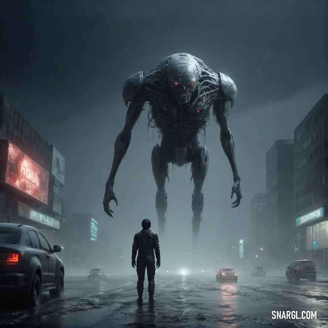 In the heart of a bustling city, a man stands on a street surrounded by towering buildings, as a giant robot looms over him. The atmosphere feels both futuristic and intense, with technology and human presence intertwining.