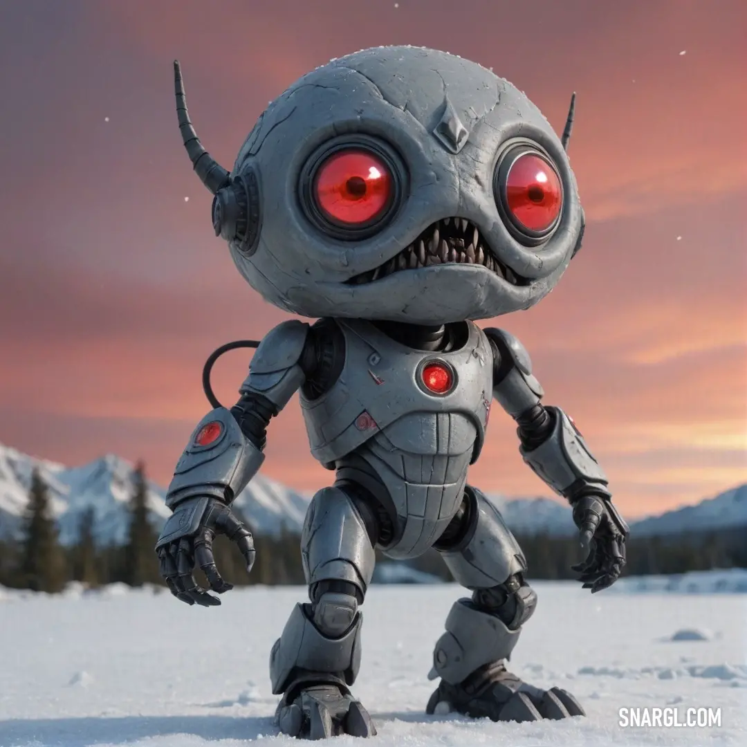 A robotic figure with fierce red eyes stands resilient in a snowy landscape, towering over glistening white snow and rugged mountain peaks that rise majestically in the distance, showcasing strength and endurance against winter's chill.