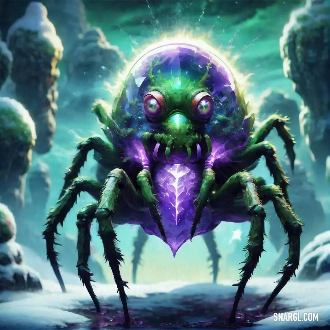 A close-up of a spider, distinguished by its captivating purple orb and green orb at its center, standing as a striking example of natural wonder in the insect world.