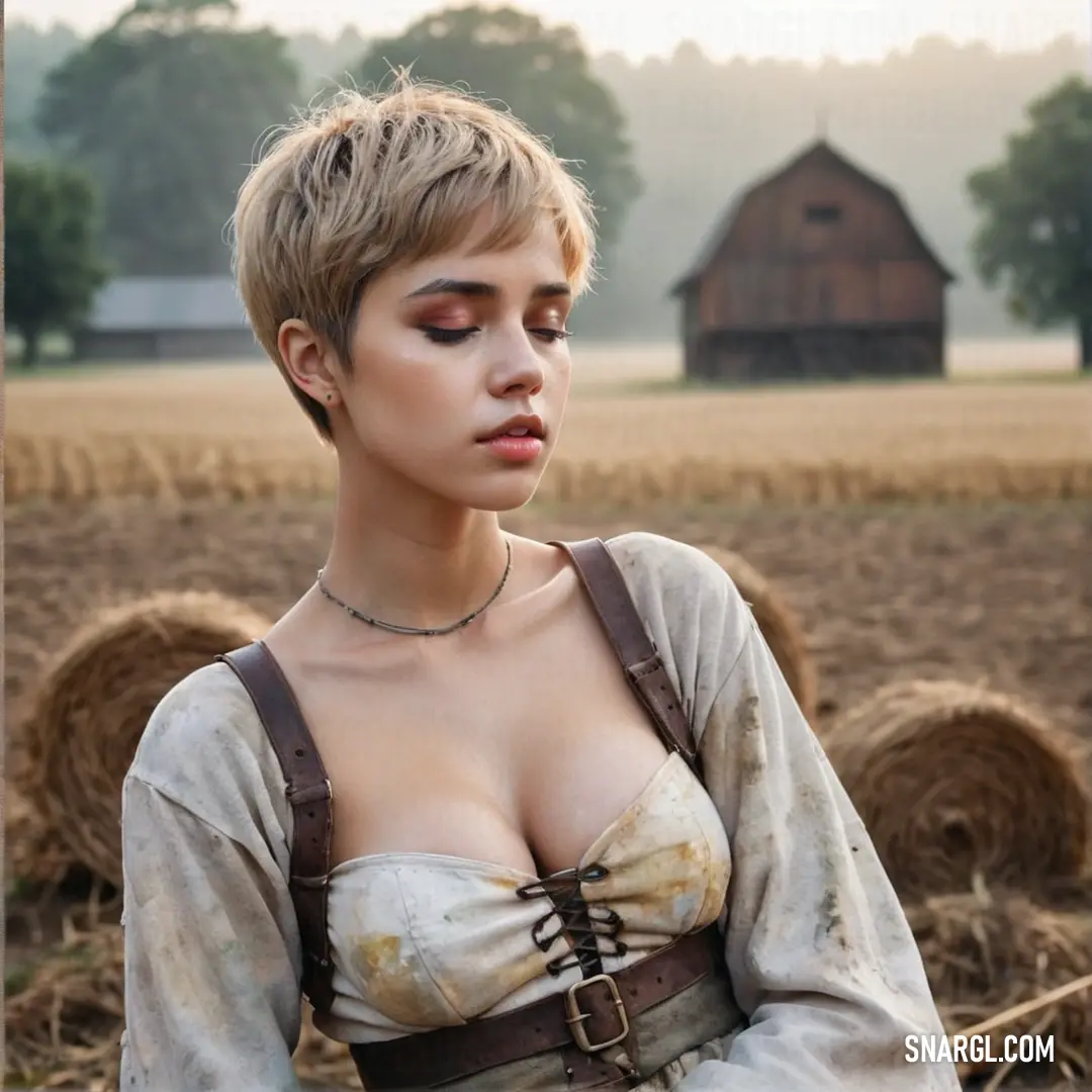 Woman with a very large breast standing in a field with hay bales in the background. Color NCS S 8010-Y10R.