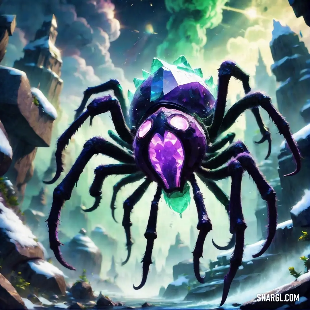 A vividly colored purple spider, with intricate details, holding a purple orb in its mouth, while a striking green orb glimmers at its center, illustrating a fascinating juxtaposition.