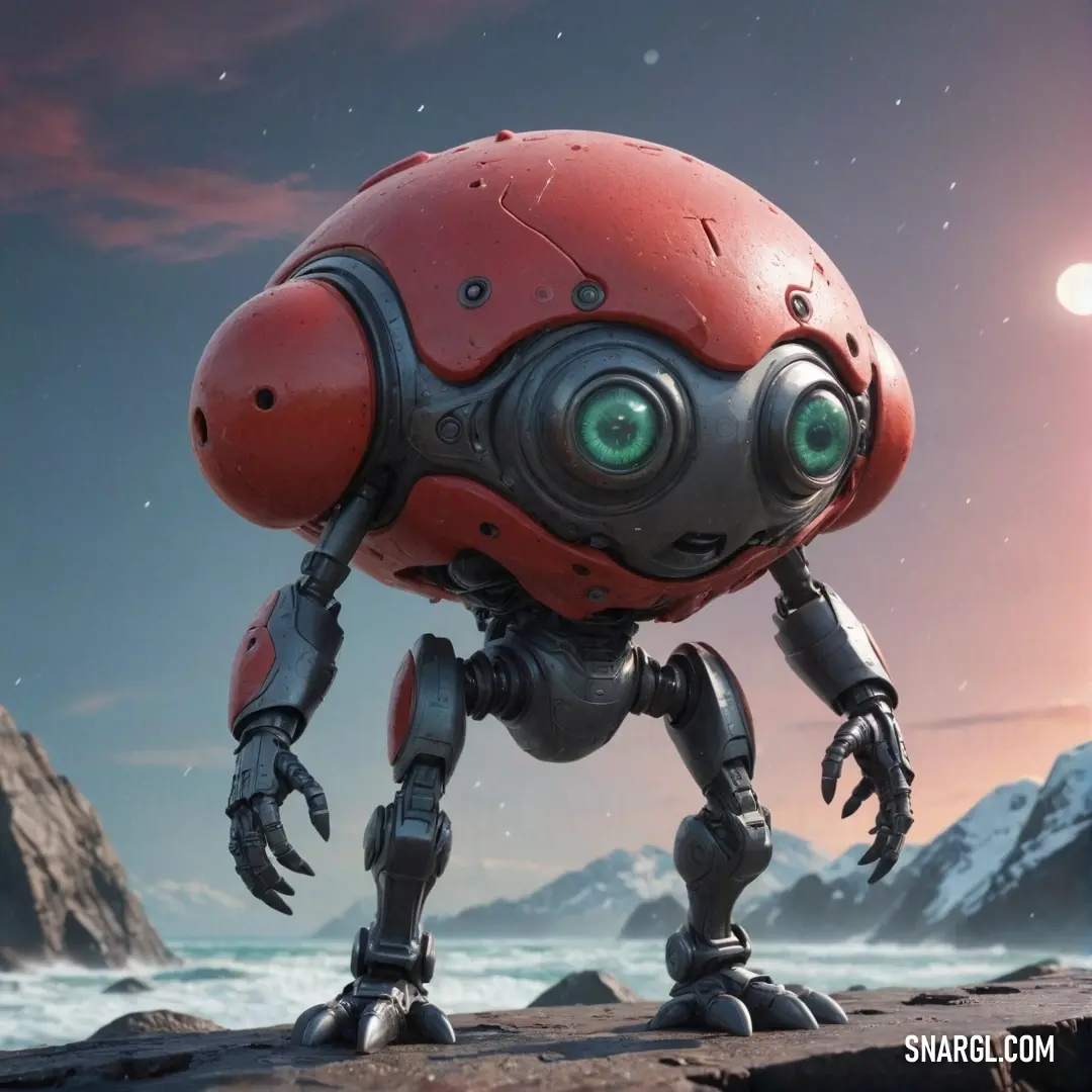 A dynamic robot with striking green eyes stands triumphantly on a rock, gazing out at a breathtaking mountain range under a radiant sun, symbolizing adventure and resilience in a world full of possibilities.