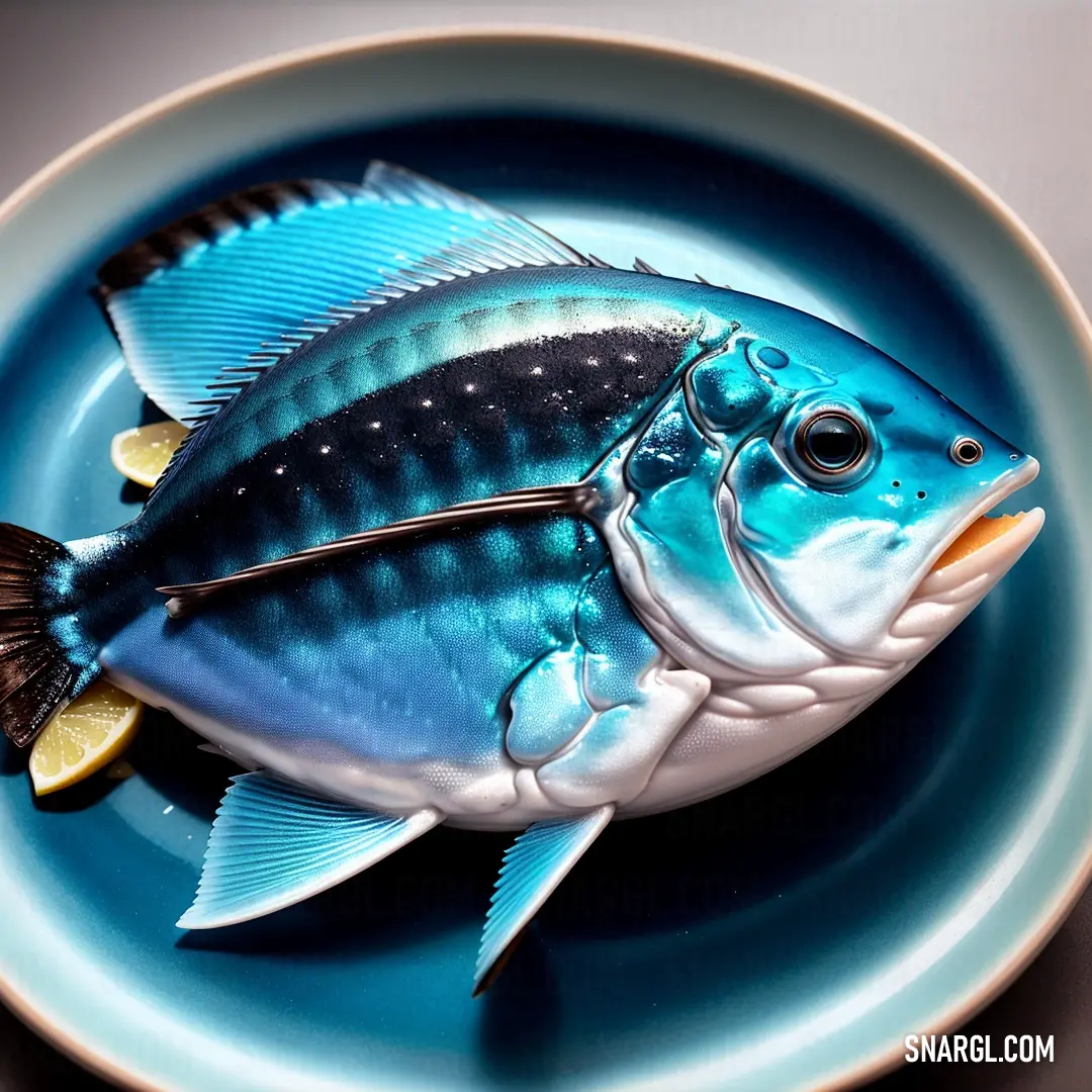 A beautifully plated blue fish resting on a vibrant blue plate. The fish has yellow and black accents on its fins and tail, creating a bold contrast against its surroundings.