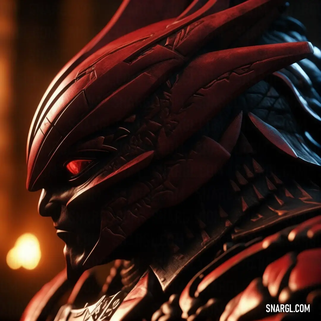 A close-up of a menacing creature with piercing red eyes and an elaborate black headdress, exuding a sense of mystery and apprehension, set against a dark background that heightens its eerie presence.