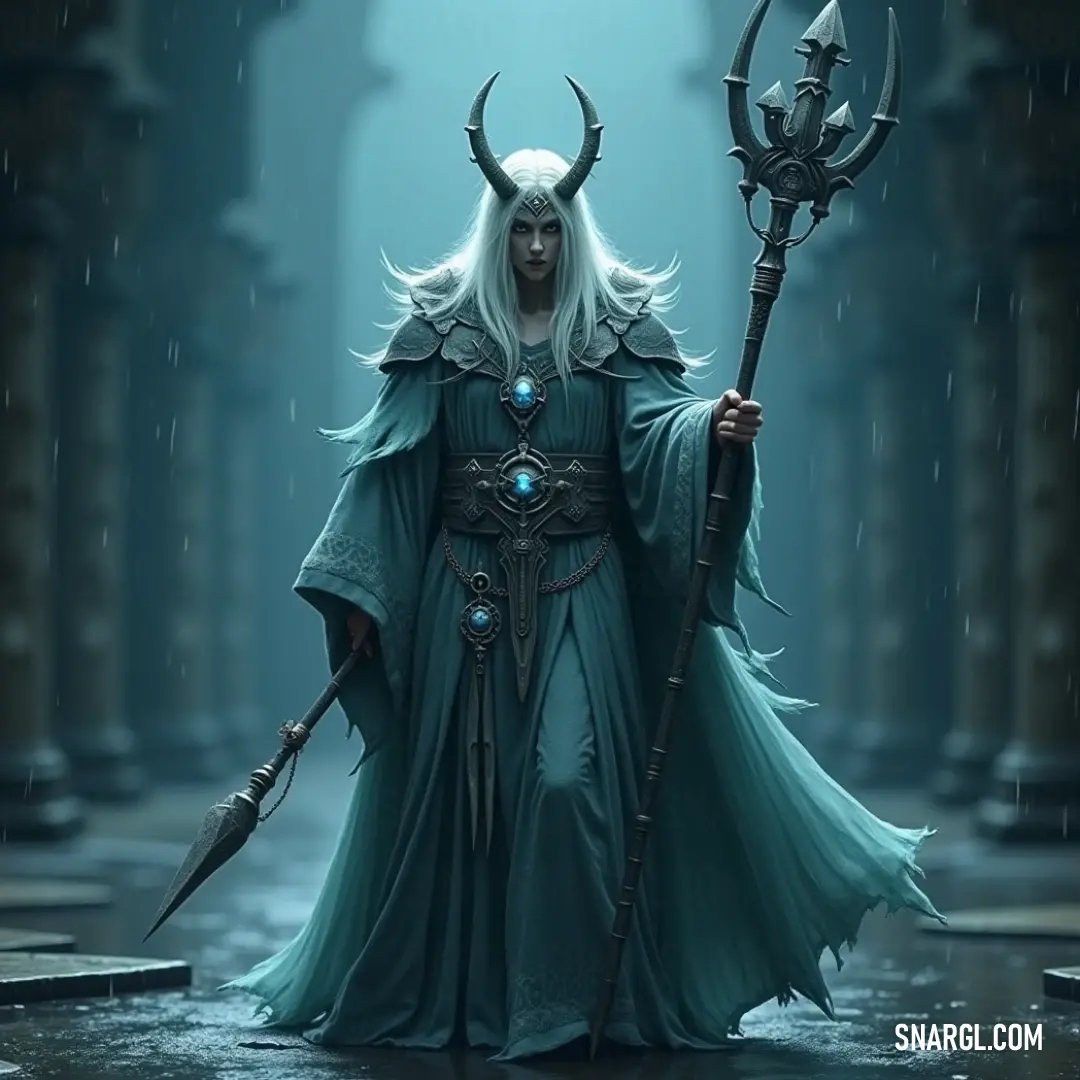 An imposing figure of a man with a horned head and a majestic horned staff, stands confidently in the pouring rain. The immersive scene is brought to life by the deep NCS S 8010-Y70R color that envelops him.